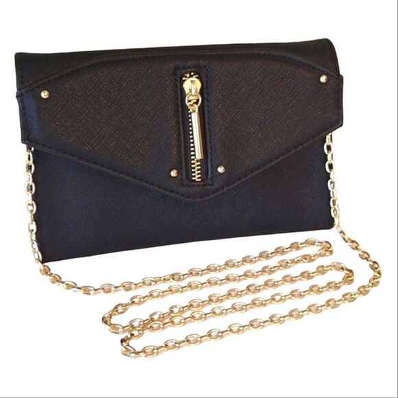 Danielle Nicole Black Vegan Gold Accent Evening Envelope Clutch with Chain - Picture 5 of 13